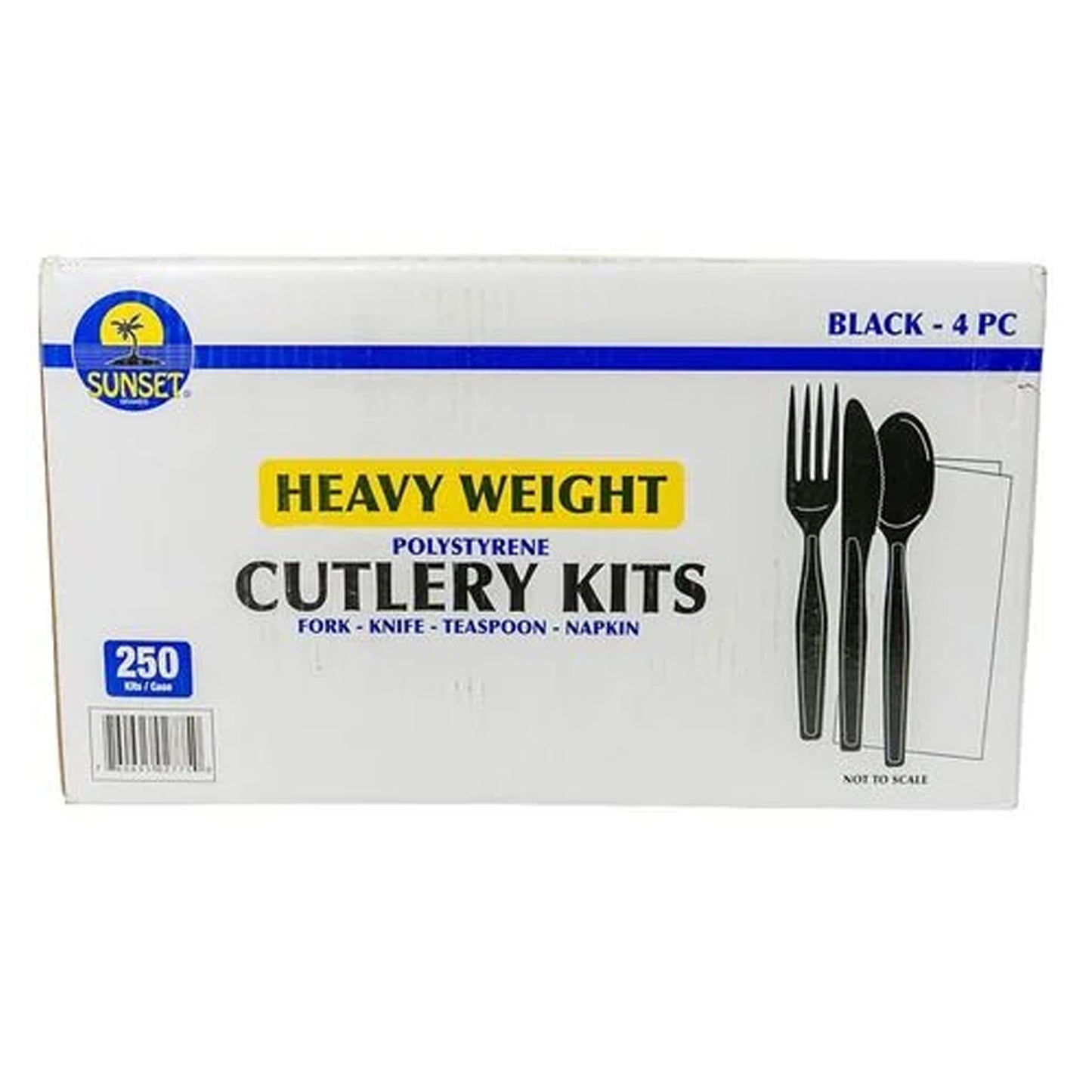 Sunset - Deluxe Wrapped Heavy Weight Black Cutlery Kit (Fork, Knife, Tsp, Napkin) - 250 Ct