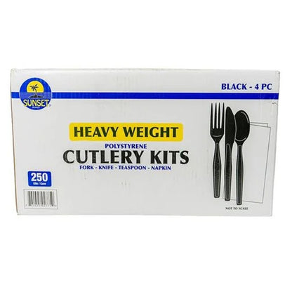 Sunset - Deluxe Wrapped Heavy Weight Black Cutlery Kit (Fork, Knife, Tsp, Napkin) - 250 Ct